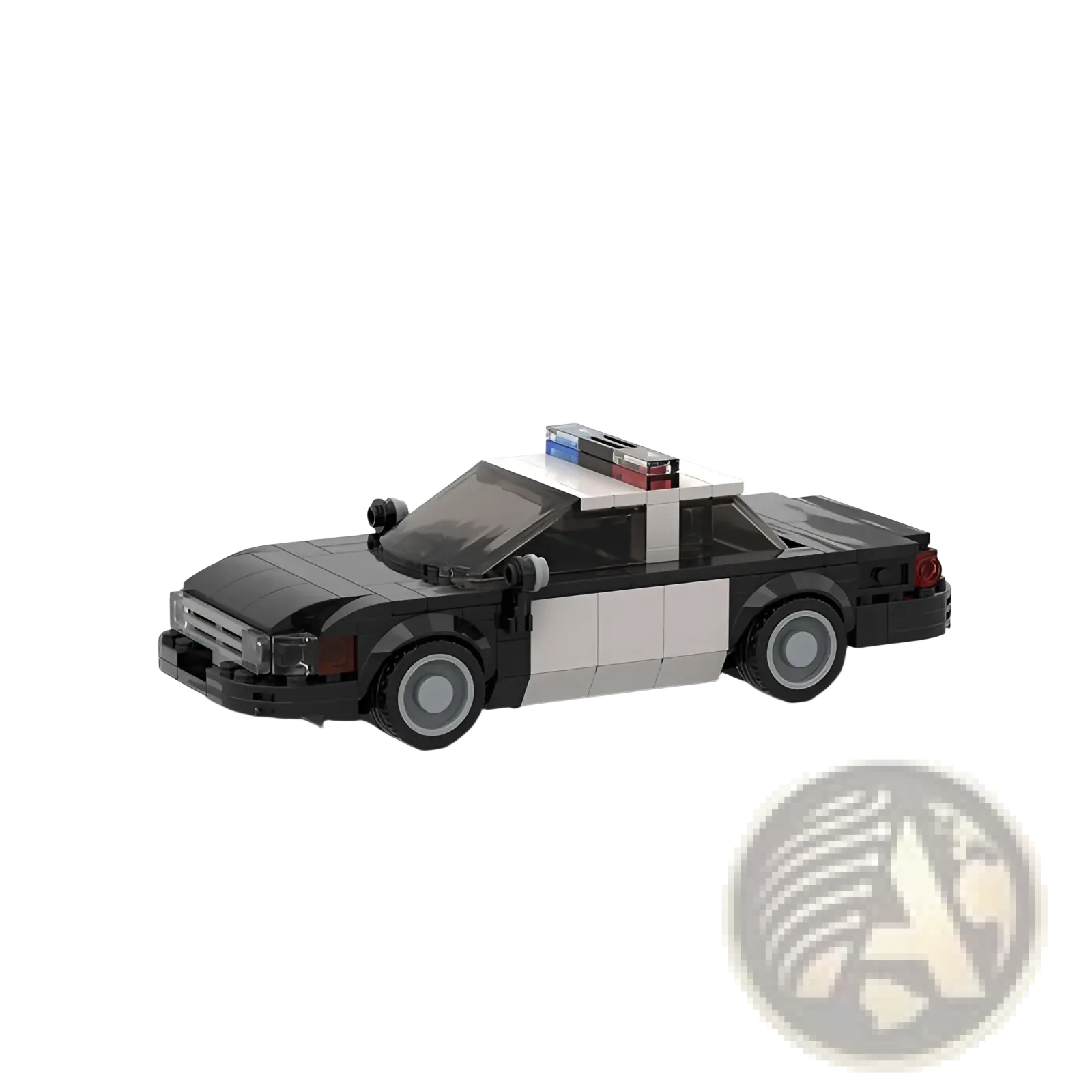 Black and white lego police car model with blue and red light bar roof for kids and adults building blocks toy