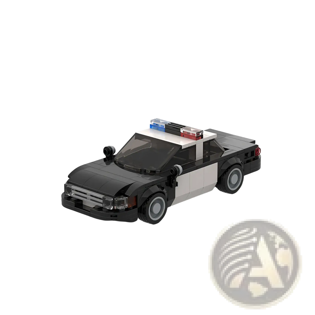Black and white lego police cruiser model building blocks with blue and red roof lights for kids and adults