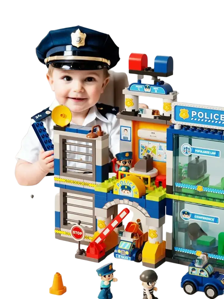 Blue and white lego police station set with detailed interior, miniature officers, and vehicles for building blocks play