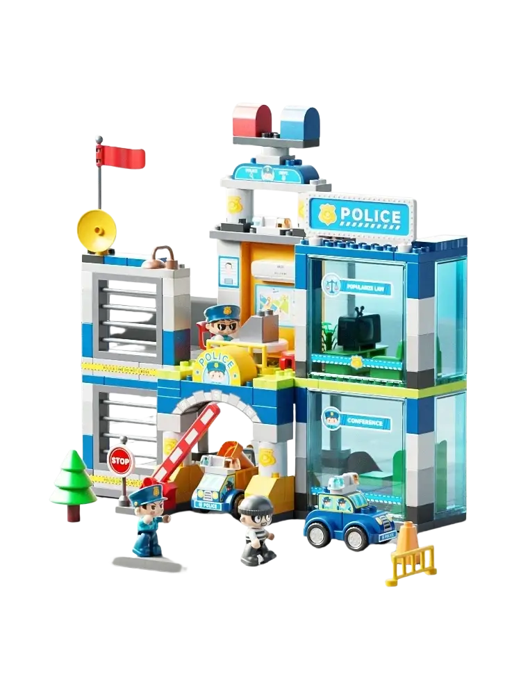 Blue and white lego police station set with yellow accents featuring two-story building interior desks monitors and vehicles