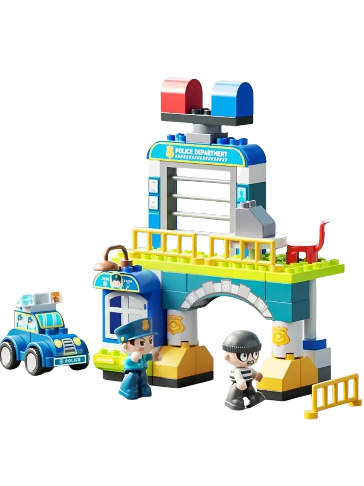 Blue and yellow plastic police station set with light bar, officer and prisoner figures, and matching patrol car toy