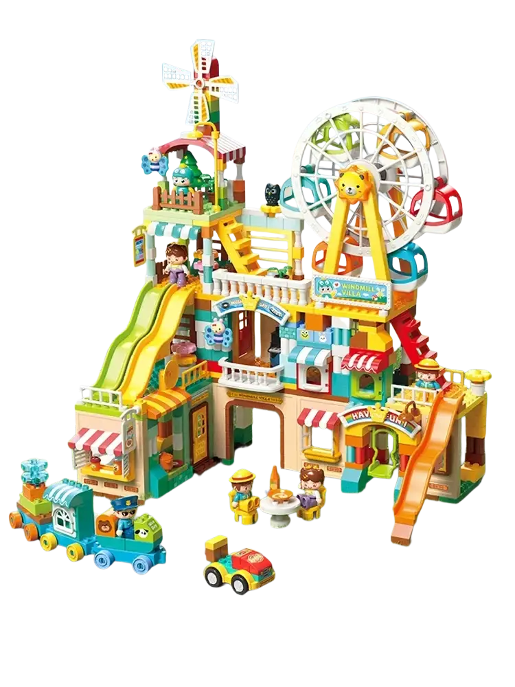A colorful plastic police and fire truck large building blocks toy with multi-level amusement park playset features