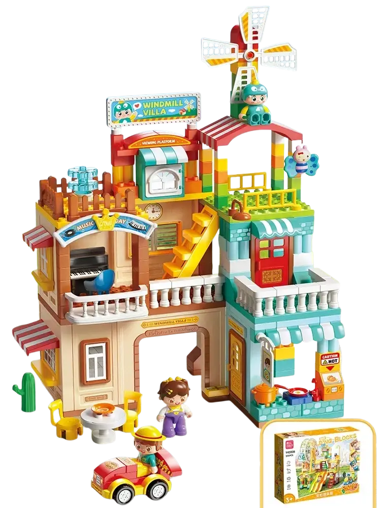 Colorful plastic police and fire truck building blocks toy featuring a multi-story windmill villa in red green blue and beige