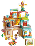 Colorful plastic police and fire truck building blocks toy featuring a multi-story windmill villa in red green blue and beige