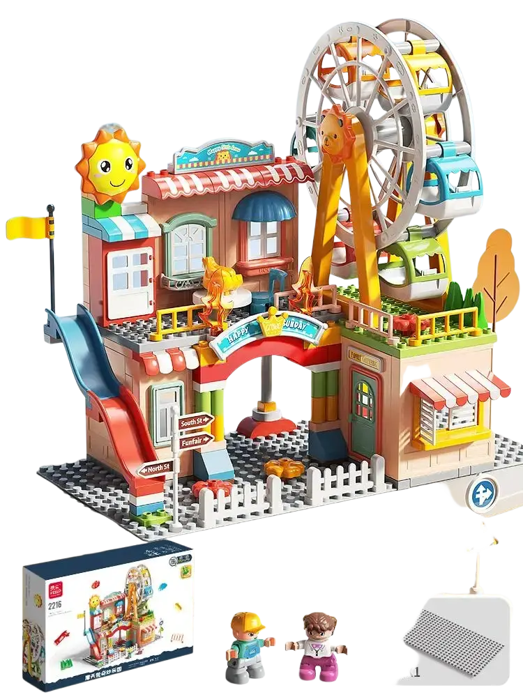 Colorful plastic police and fire truck building blocks toy featuring a carnival with ferris wheel slide and shops