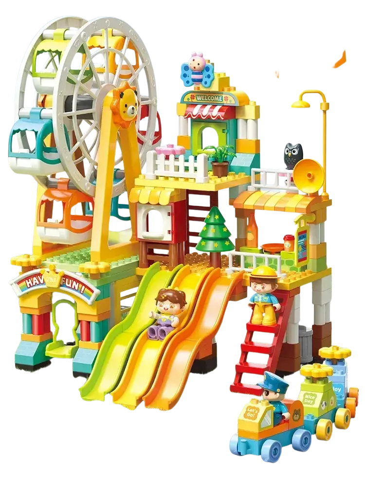 Colorful plastic police and fire truck large building blocks toy featuring ferris wheel slides and miniature figures