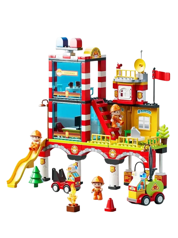 Police and fire truck large building blocks toy featuring red and white striped fire station with yellow accents and miniature figures