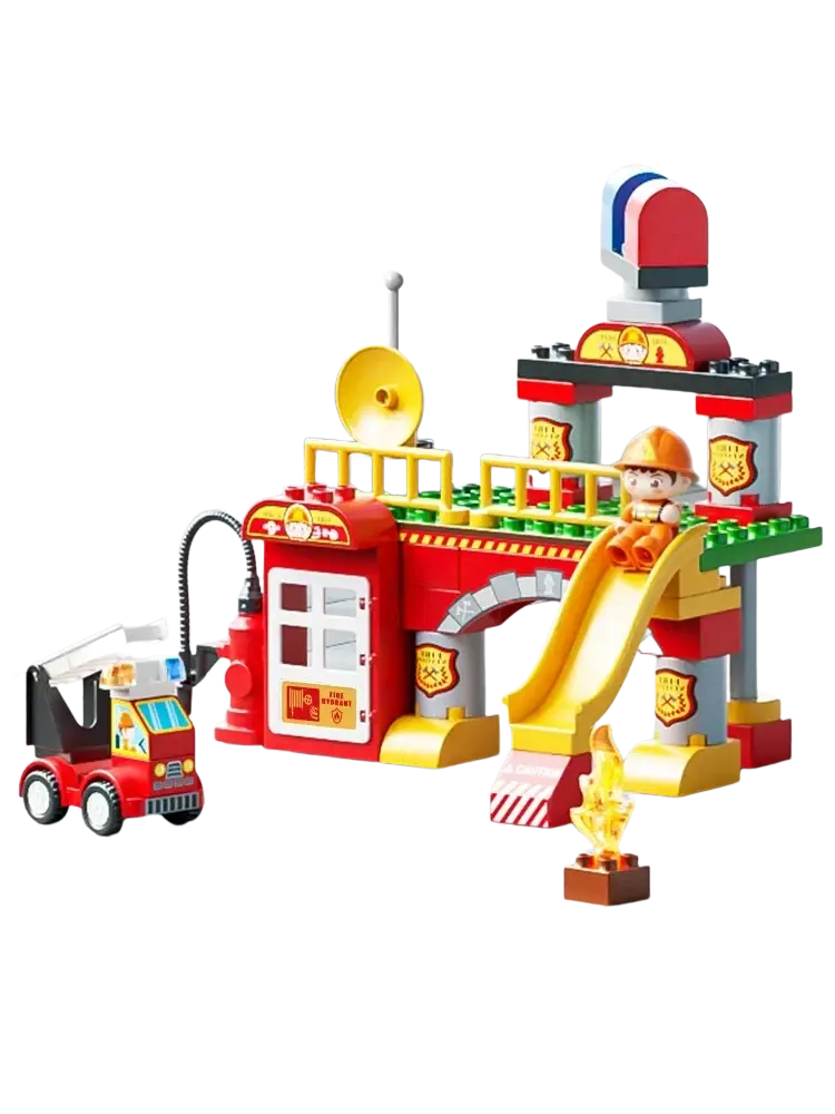 Red and yellow fire station large building blocks toy with slide ladder truck and firefighter minifigure for imaginative play