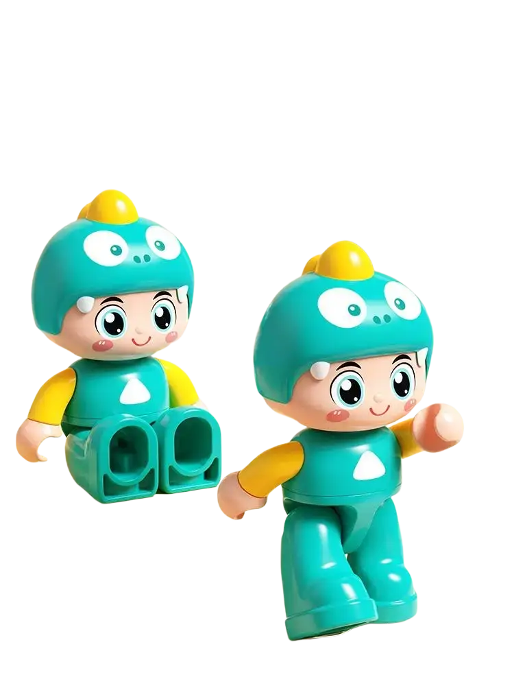 Teal and yellow plastic police and fire truck building block toy figures with oversized eyes and smiling faces