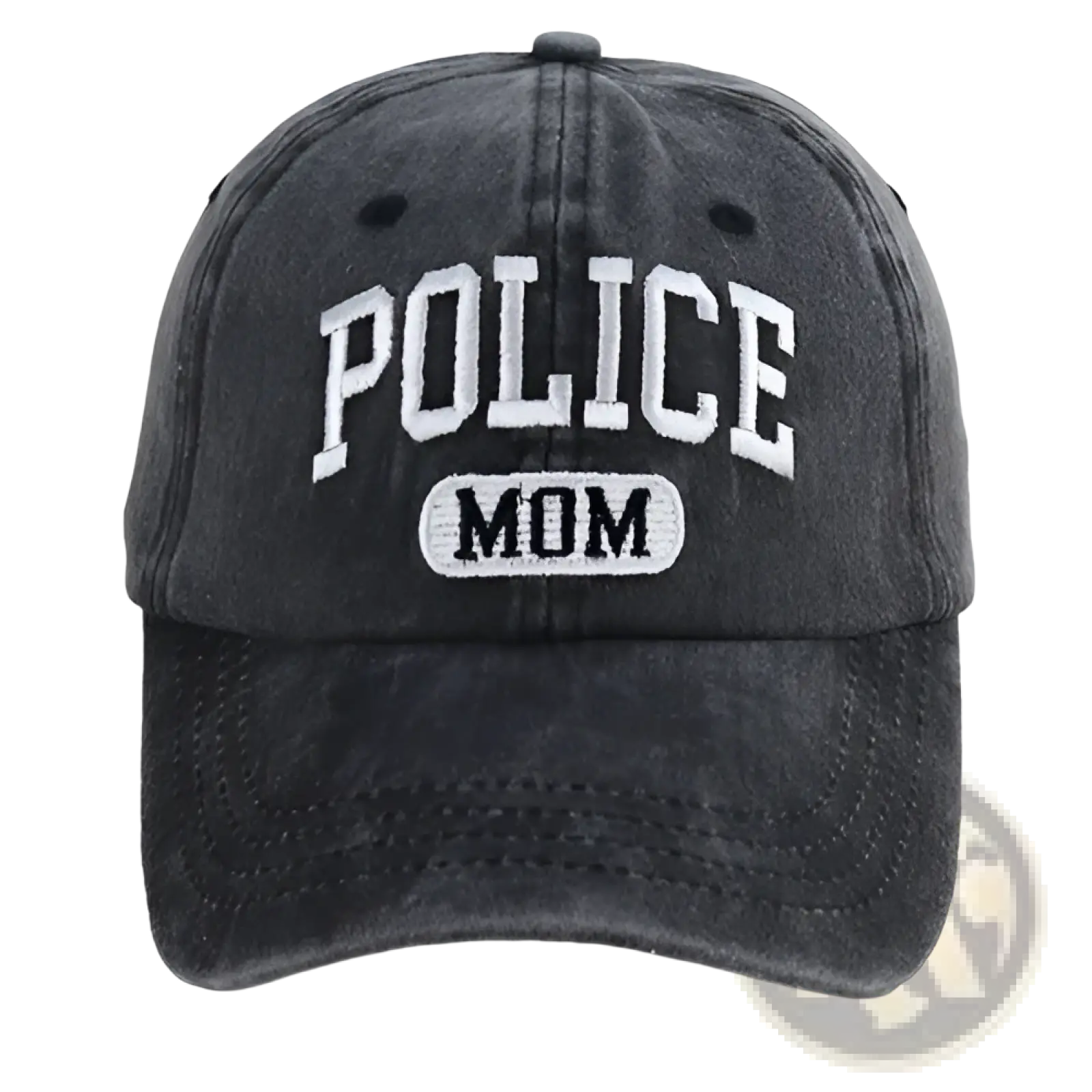 Dark gray distressed baseball cap with white embroidered police mom text designed for casual wear