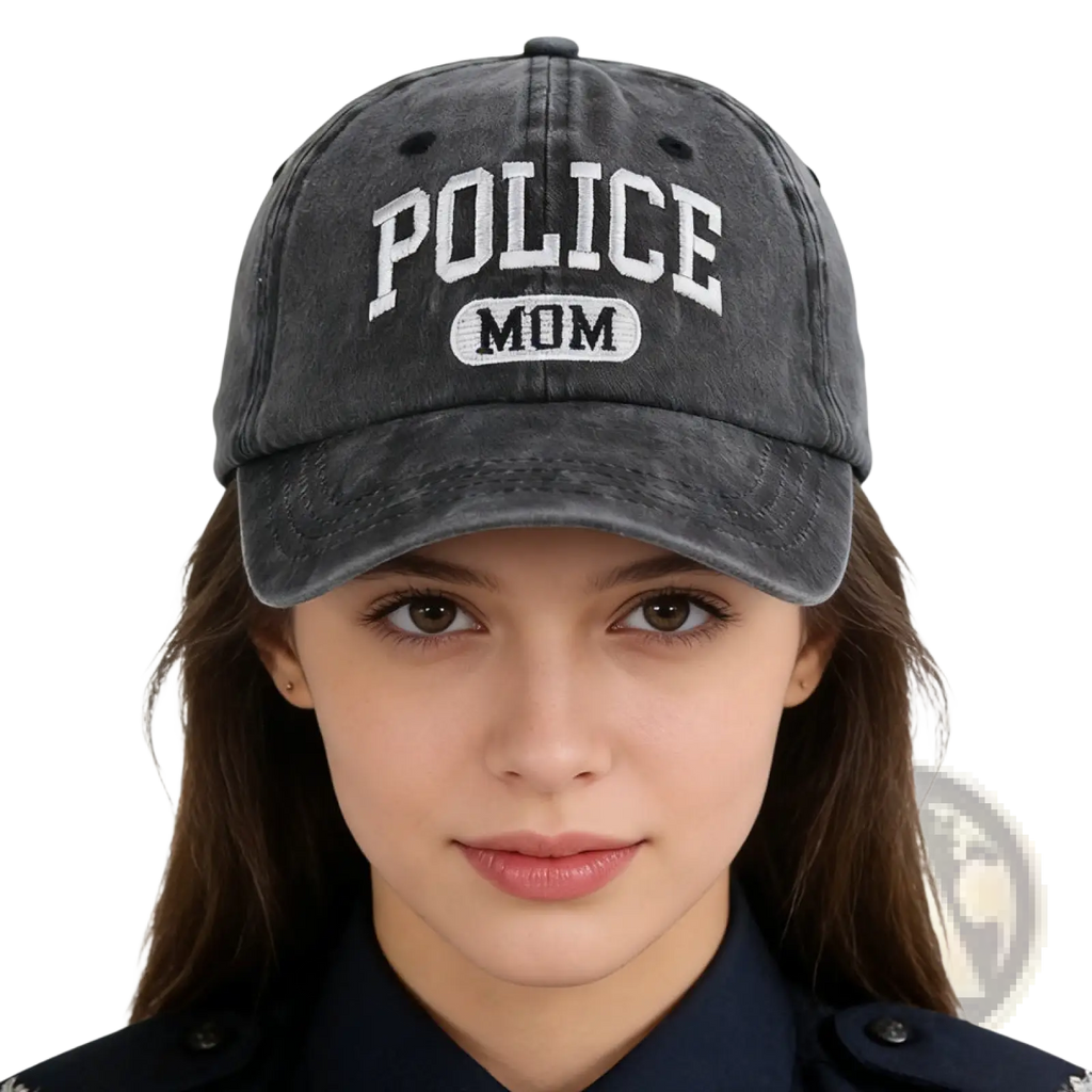 Dark gray distressed cotton police mom baseball cap with white arched police lettering and oval mom patch