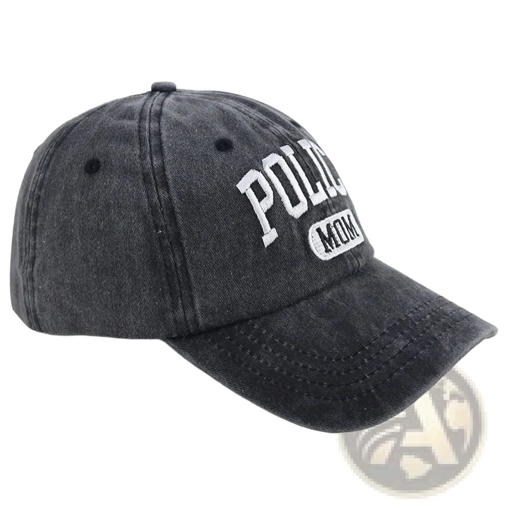 A dark gray distressed denim baseball cap with white embroidered police mom lettering in collegiate font