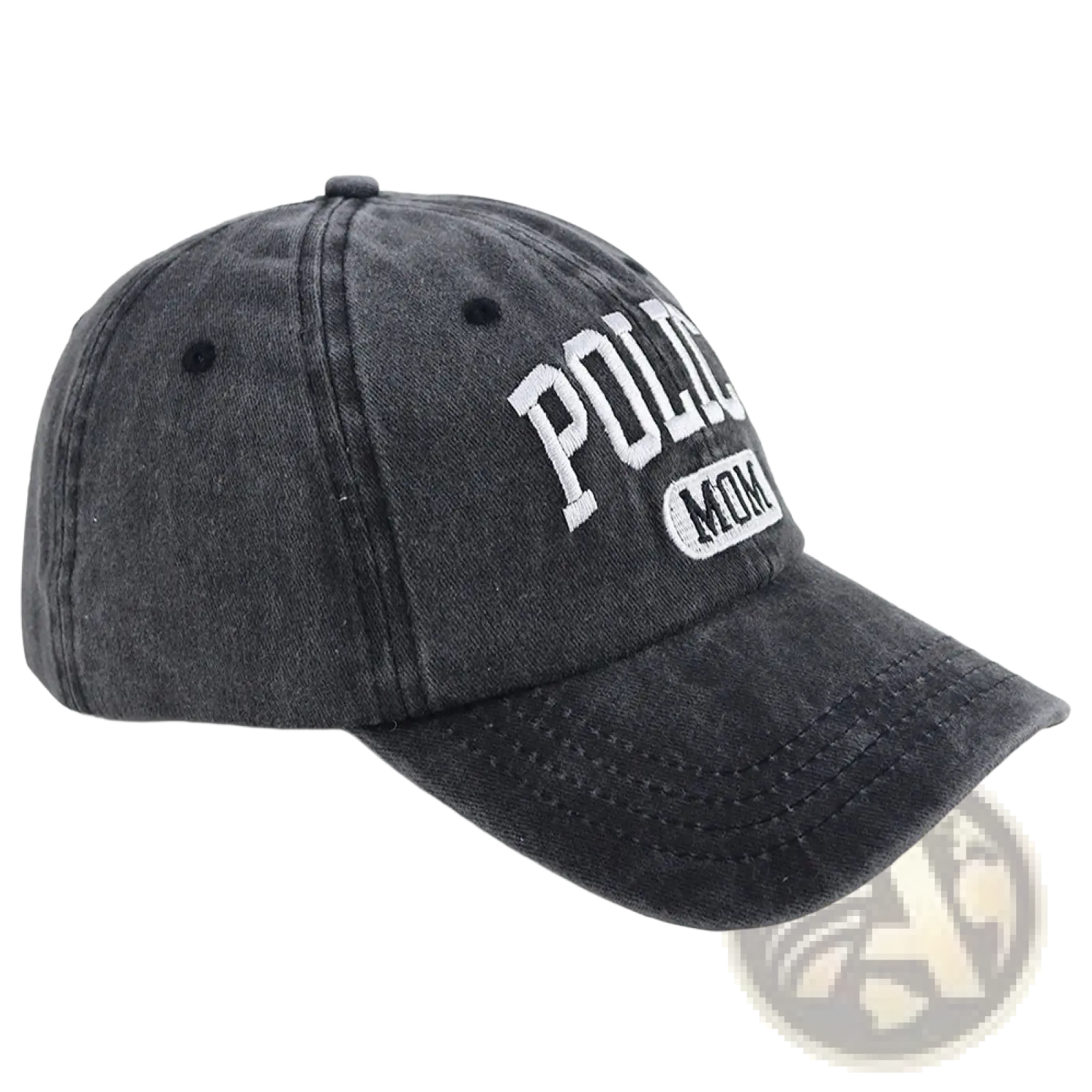 A dark gray distressed denim baseball cap with white embroidered police mom lettering in collegiate font