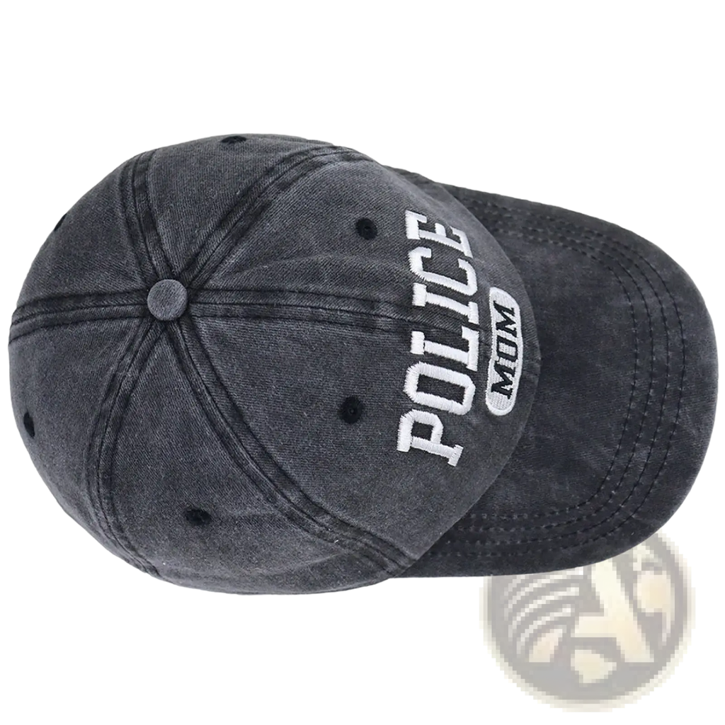 Dark gray distressed denim baseball cap with police mom embroidered in white lettering on the front