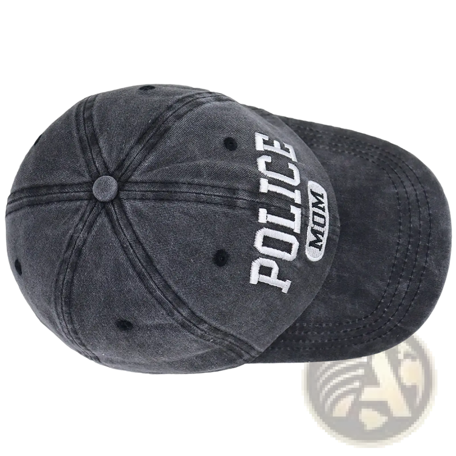 Dark gray distressed denim baseball cap with police mom embroidered in white lettering on the front