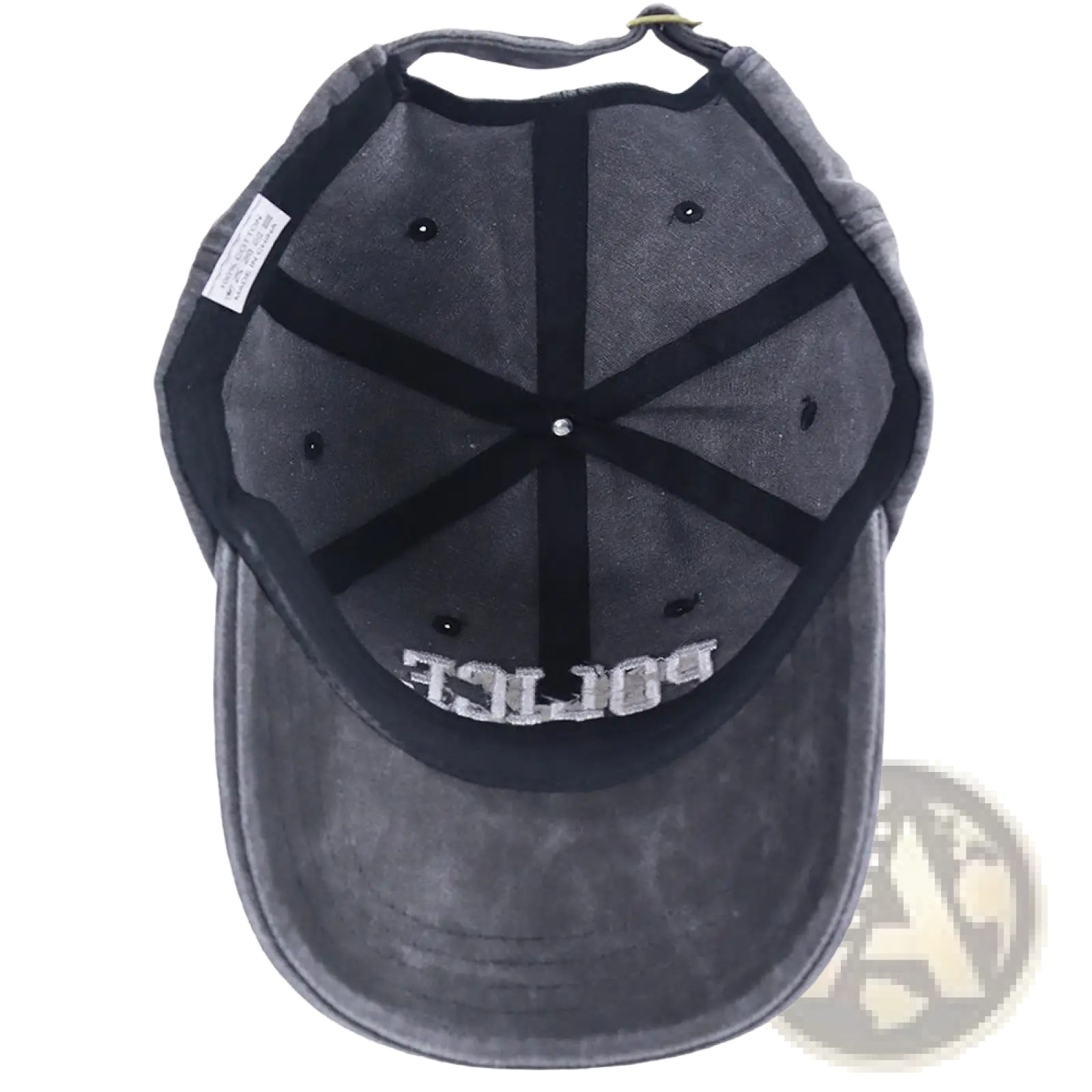 Police Mom distressed baseball cap in dark gray cotton with black panels and white embroidered police lettering on front