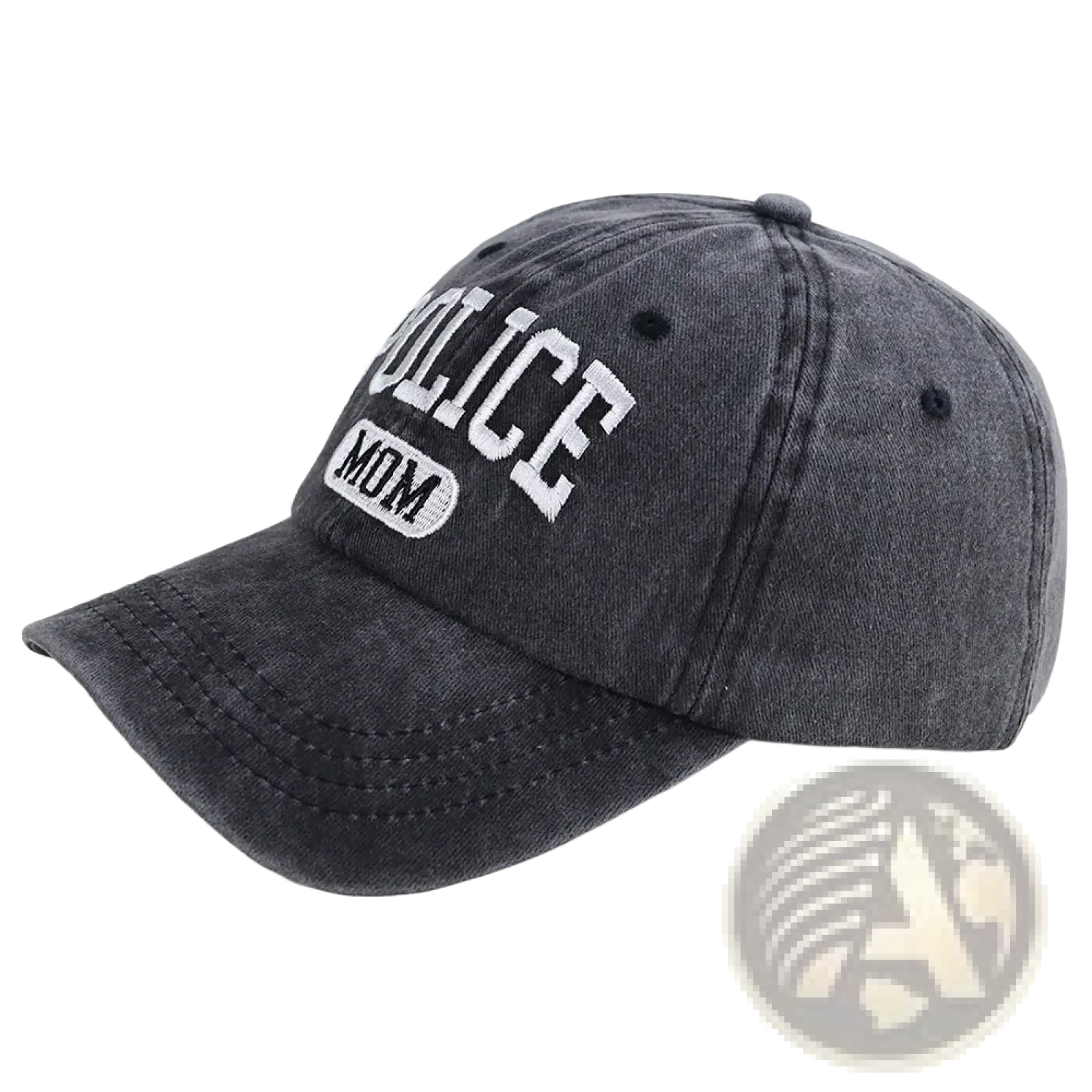 Dark gray denim police mom distressed baseball cap with white embroidered text for casual wear