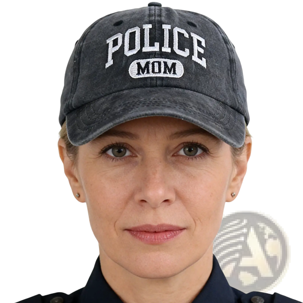 Dark gray distressed cotton baseball cap with white embroidered police mom text and logo for police moms