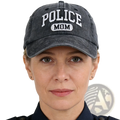 Dark gray distressed cotton baseball cap with white embroidered police mom text and logo for police moms