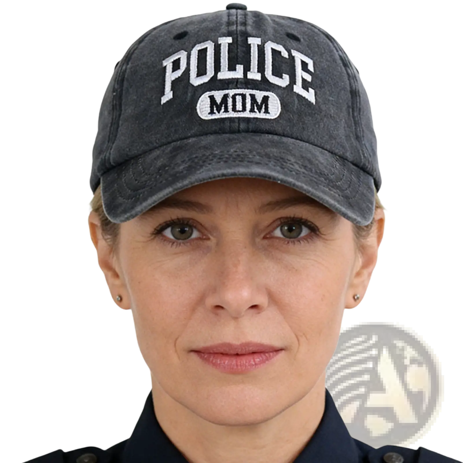 Dark gray distressed cotton baseball cap with white embroidered police mom text and logo for police moms