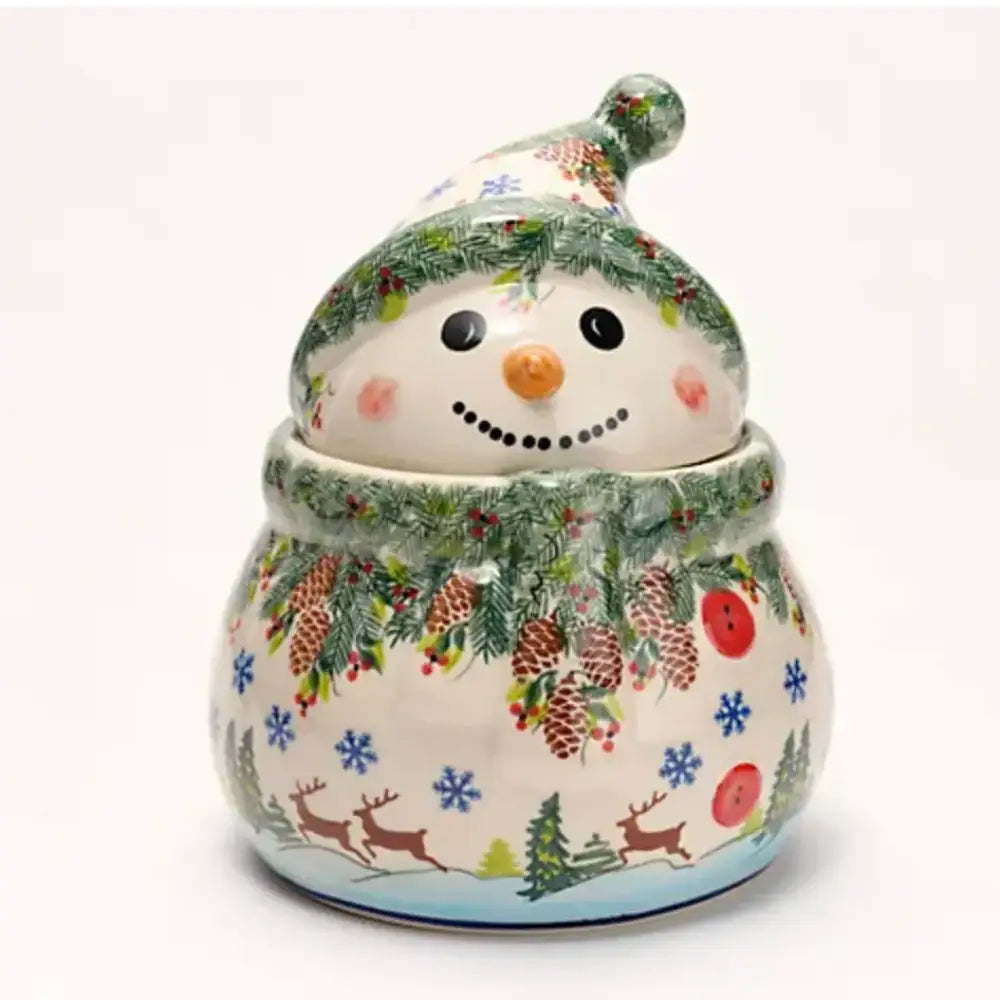 Handmade Polish pottery white ceramic snowman cookie jar decorated with pinecones red berries blue snowflakes and reindeer