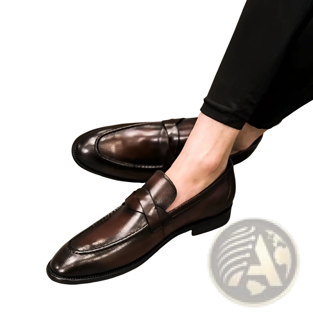 Polished dark brown leather British loafers with a classic slip-on design and subtle stitching details