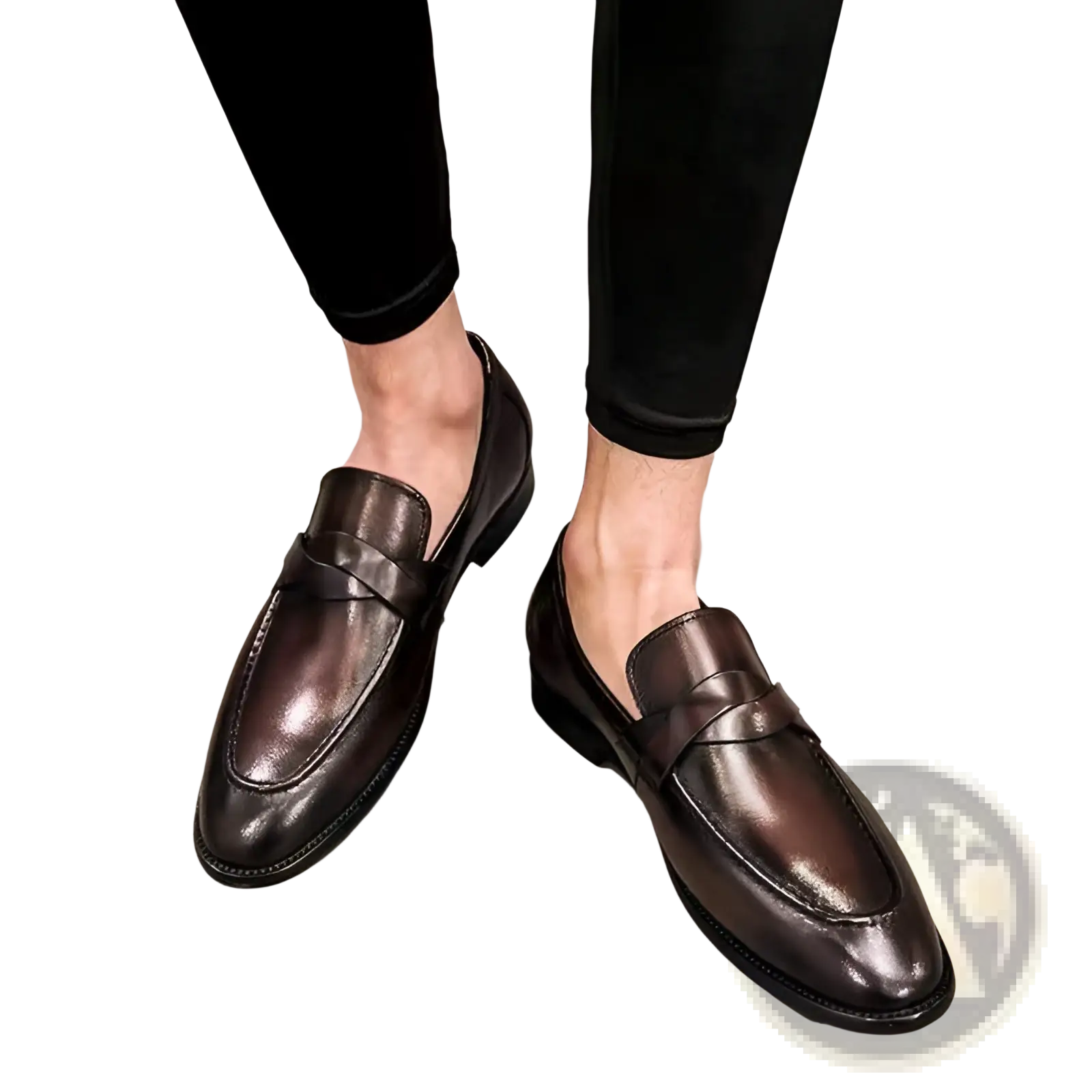 Polished dark brown leather British loafers with a sleek minimalist design and subtle stitching details