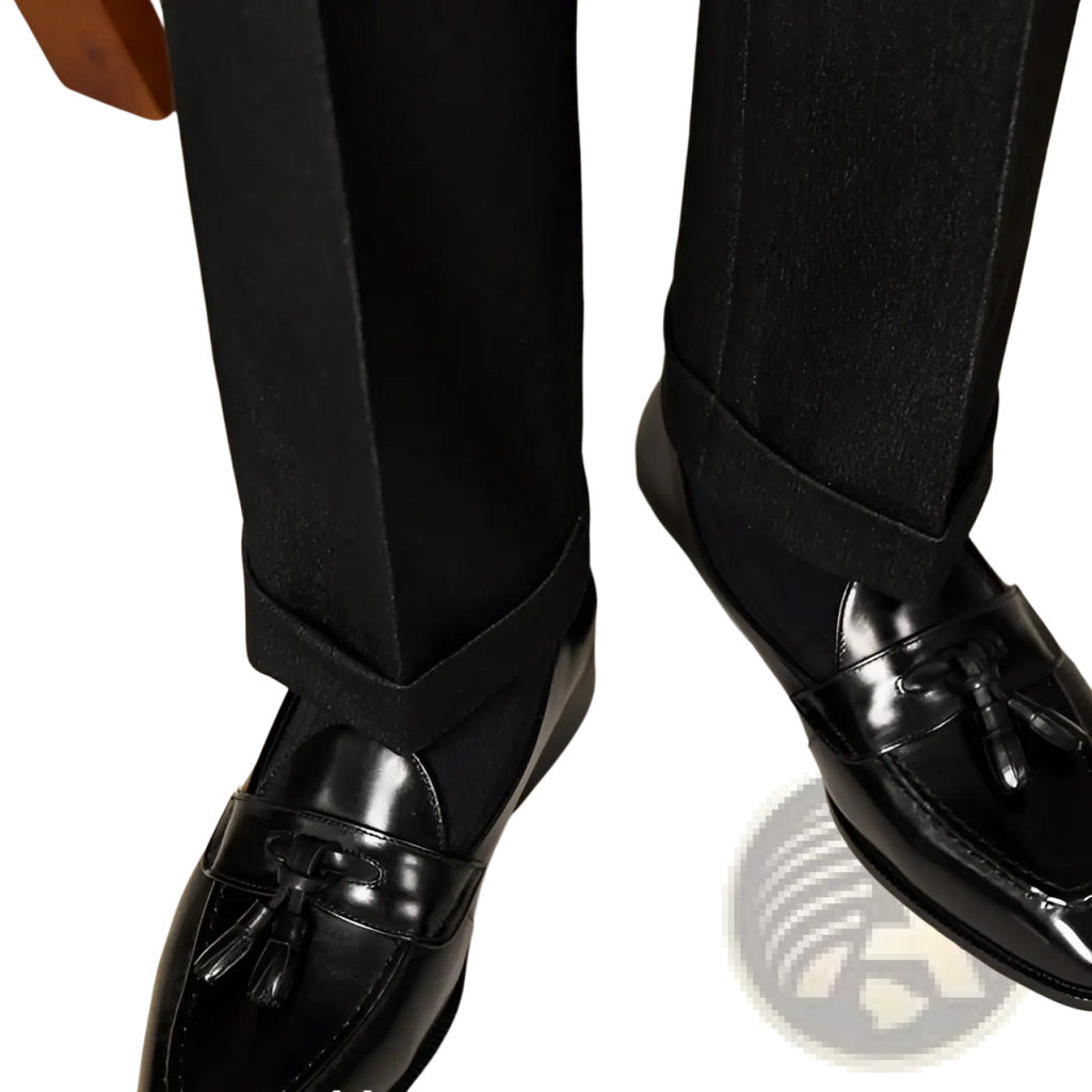 Polished genuine leather tassel loafers in black patent leather with a glossy finish and classic design