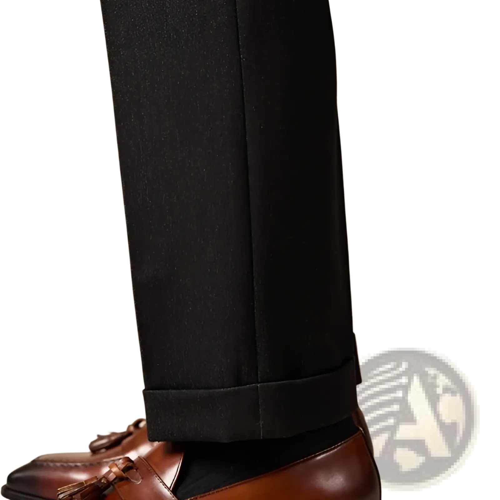 Black tailored trousers with subtle texture and cuffed hem paired with polished genuine leather brown tassel loafers