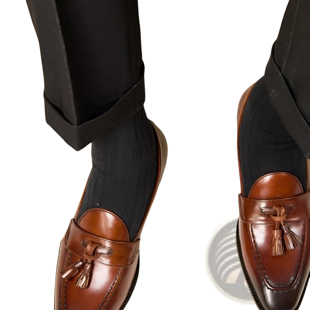 Polished genuine leather tassel loafers in brown with a classic design and smooth polished finish