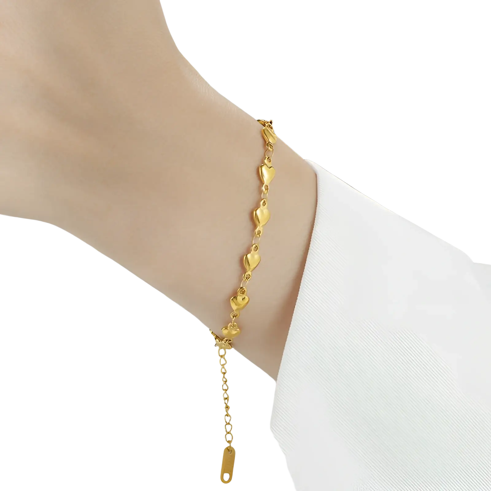 Polished gold heart link bracelet in titanium steel featuring small polished heart-shaped links and a rectangular tag