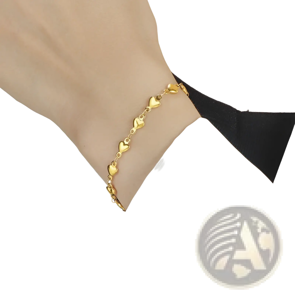 Polished gold heart link bracelet in titanium steel featuring delicate small polished heart-shaped links connected by fine chains