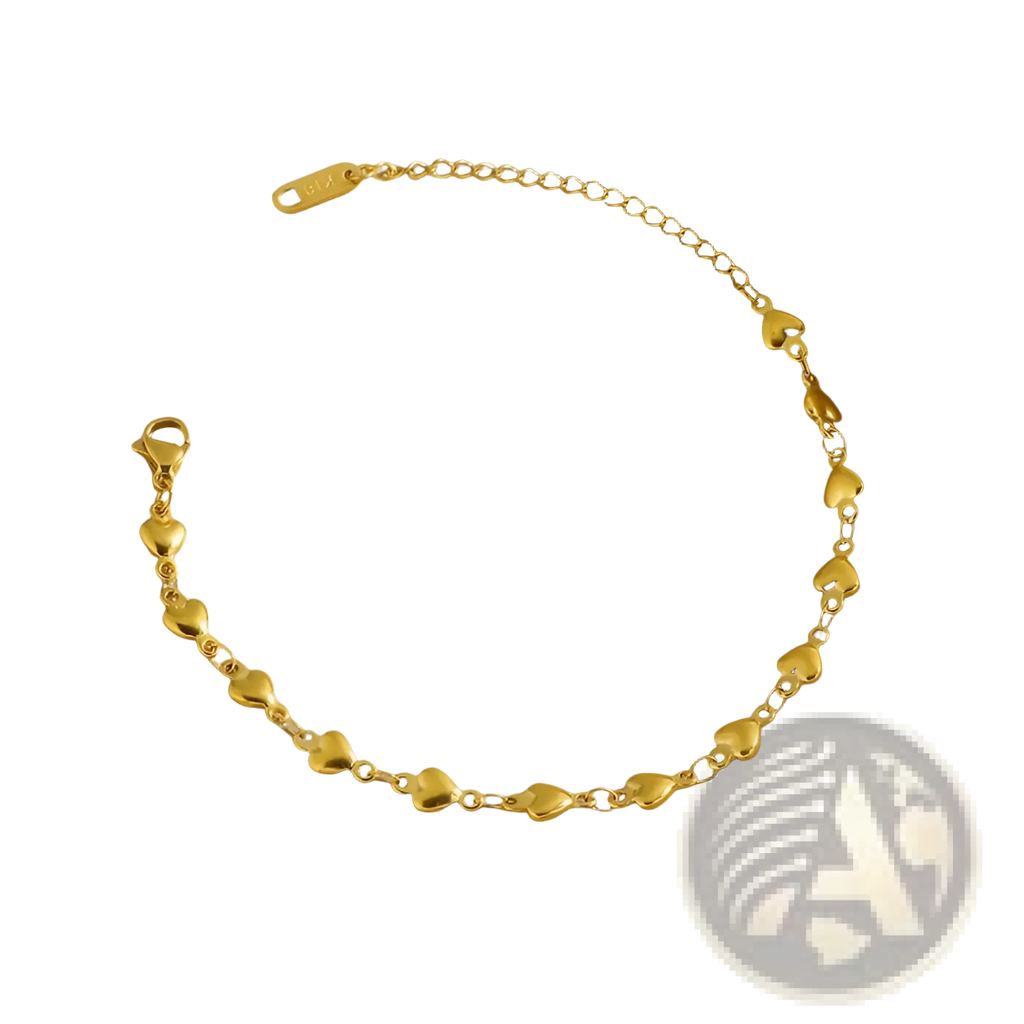 A polished gold heart link bracelet in titanium steel featuring delicate heart-shaped charms and fine chain segments