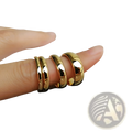 Four polished gold tungsten steel couple wedding bands in 2mm, 3mm, 4mm, and 6mm sizes displayed on a finger