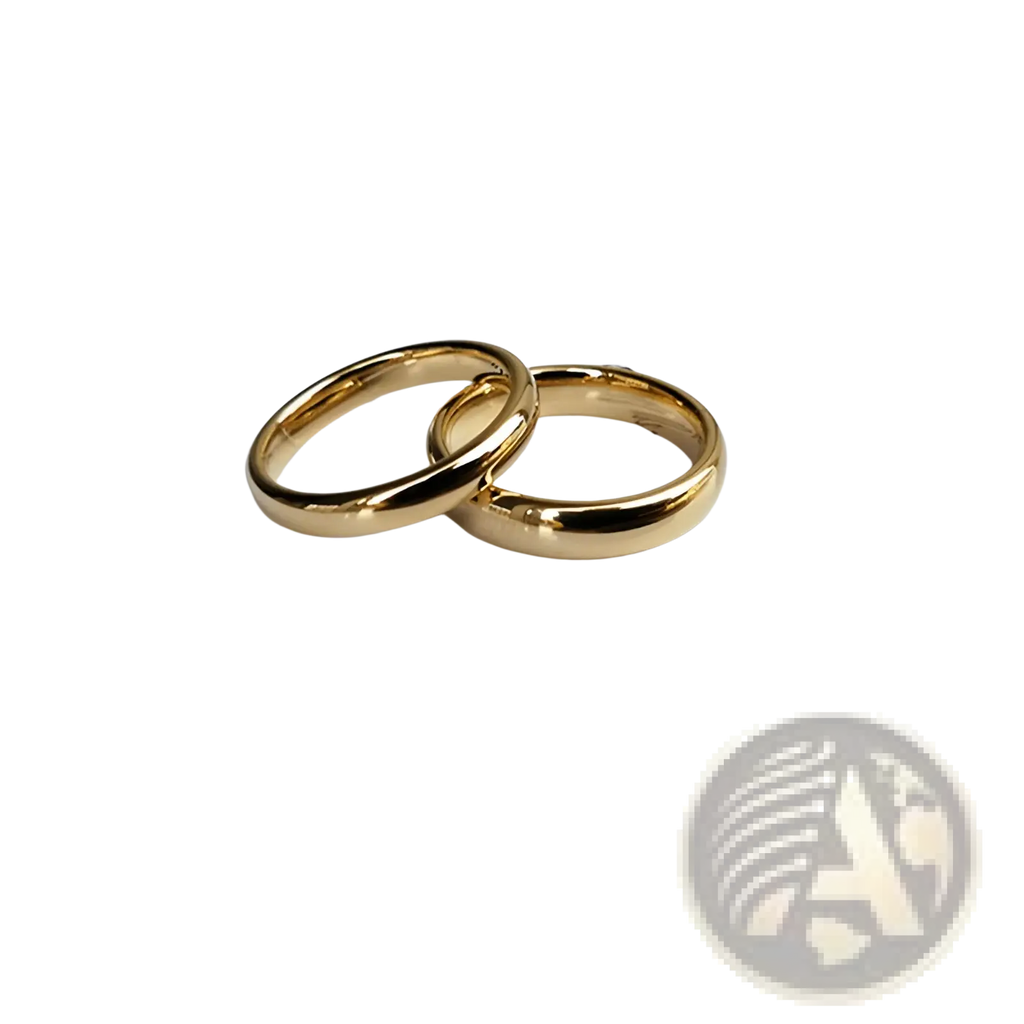 Two polished gold tungsten steel couple wedding bands with a smooth rounded design on a white card