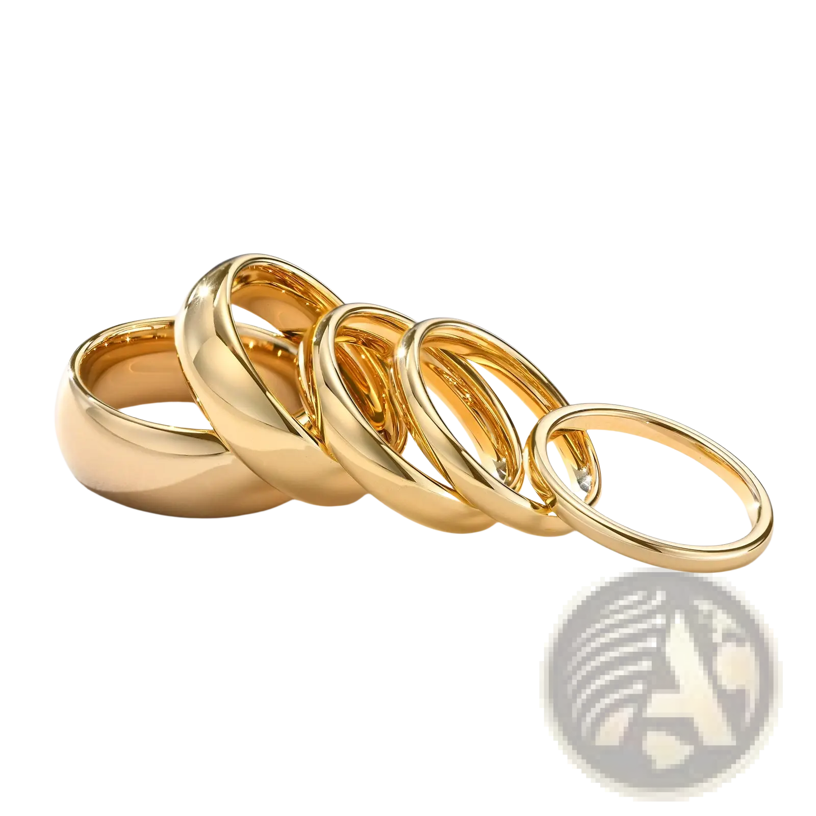 Set of five gold-toned polished tungsten steel couple wedding bands in varying widths with smooth finish
