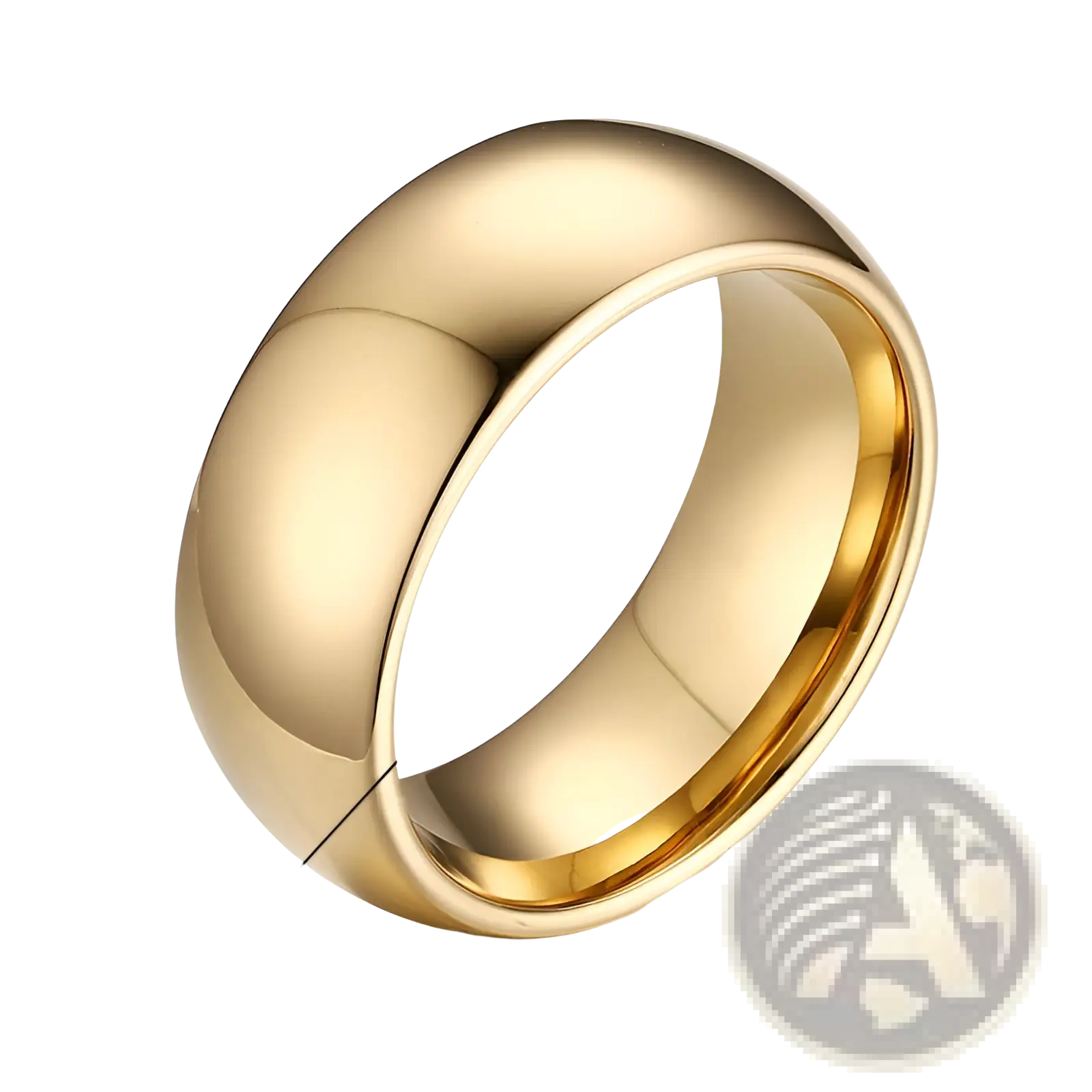 Polished gold tungsten steel couple wedding band with smooth rounded design in gold-colored stainless steel