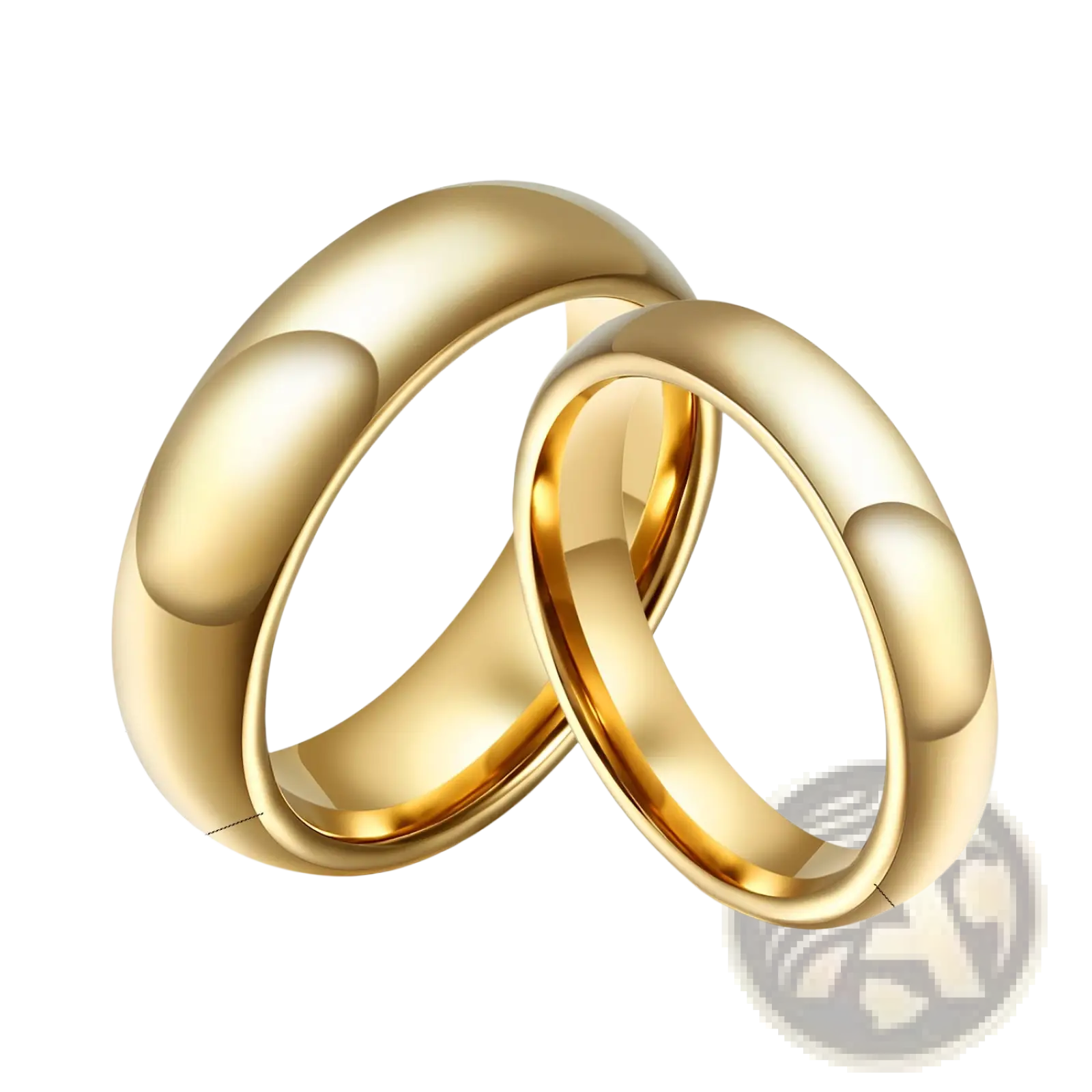 A pair of sleek gold-toned polished tungsten steel wedding bands with smooth rounded edges for couples