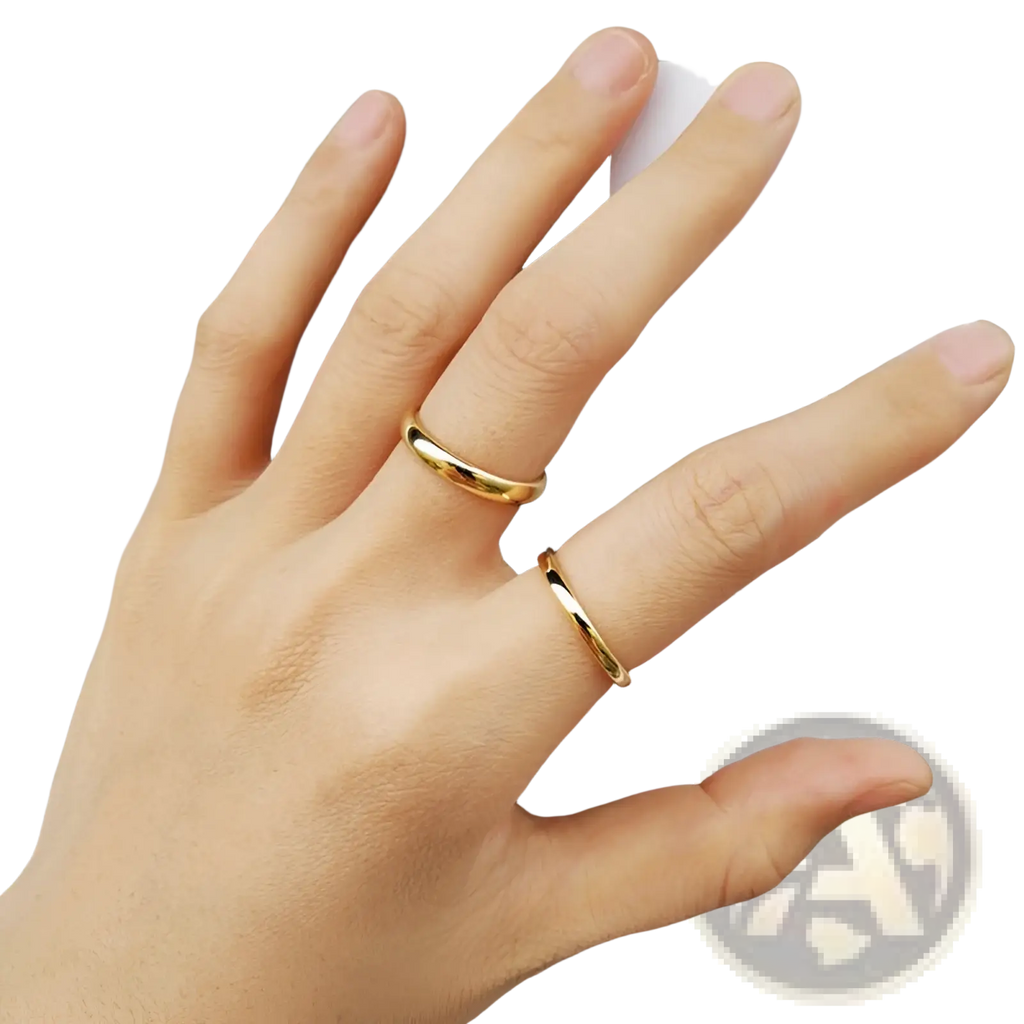 Polished gold tungsten steel couple wedding bands with smooth curved minimalist design worn on two fingers