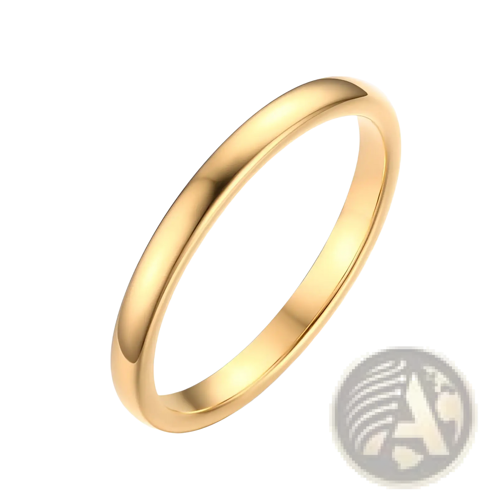 A sleek polished gold tungsten steel couple wedding band with a smooth minimalist design