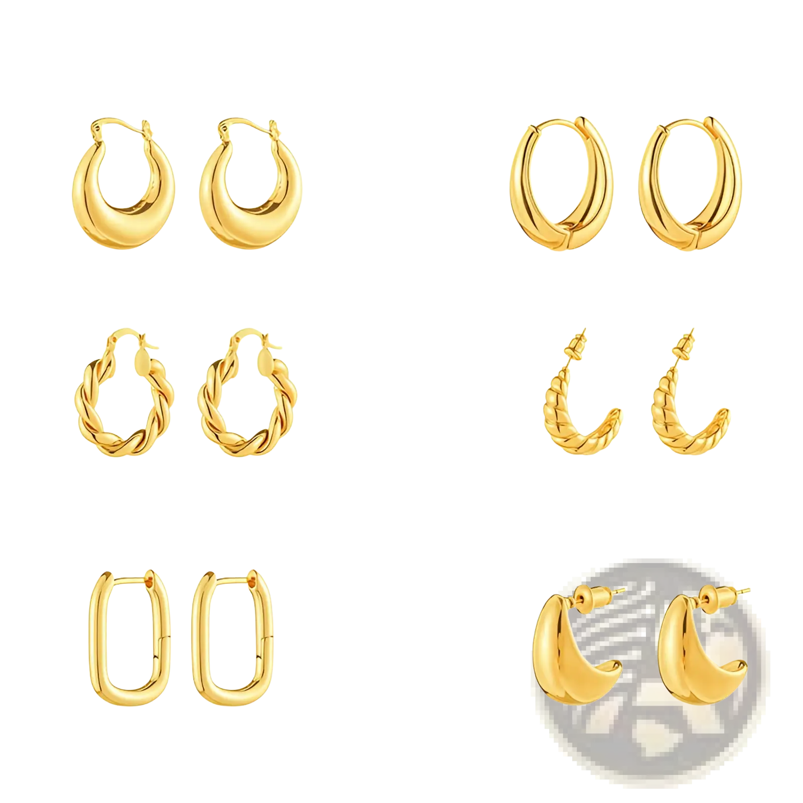Gold-toned polished gold twisted rope hoop earrings in smooth twisted and rectangular designs for elegant wear