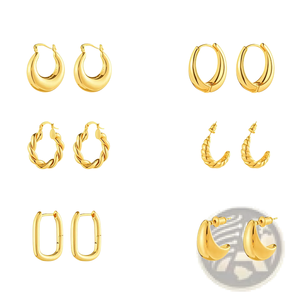 Polished gold twisted rope hoop earrings featuring smooth, twisted, and rectangular gold-toned designs in various styles