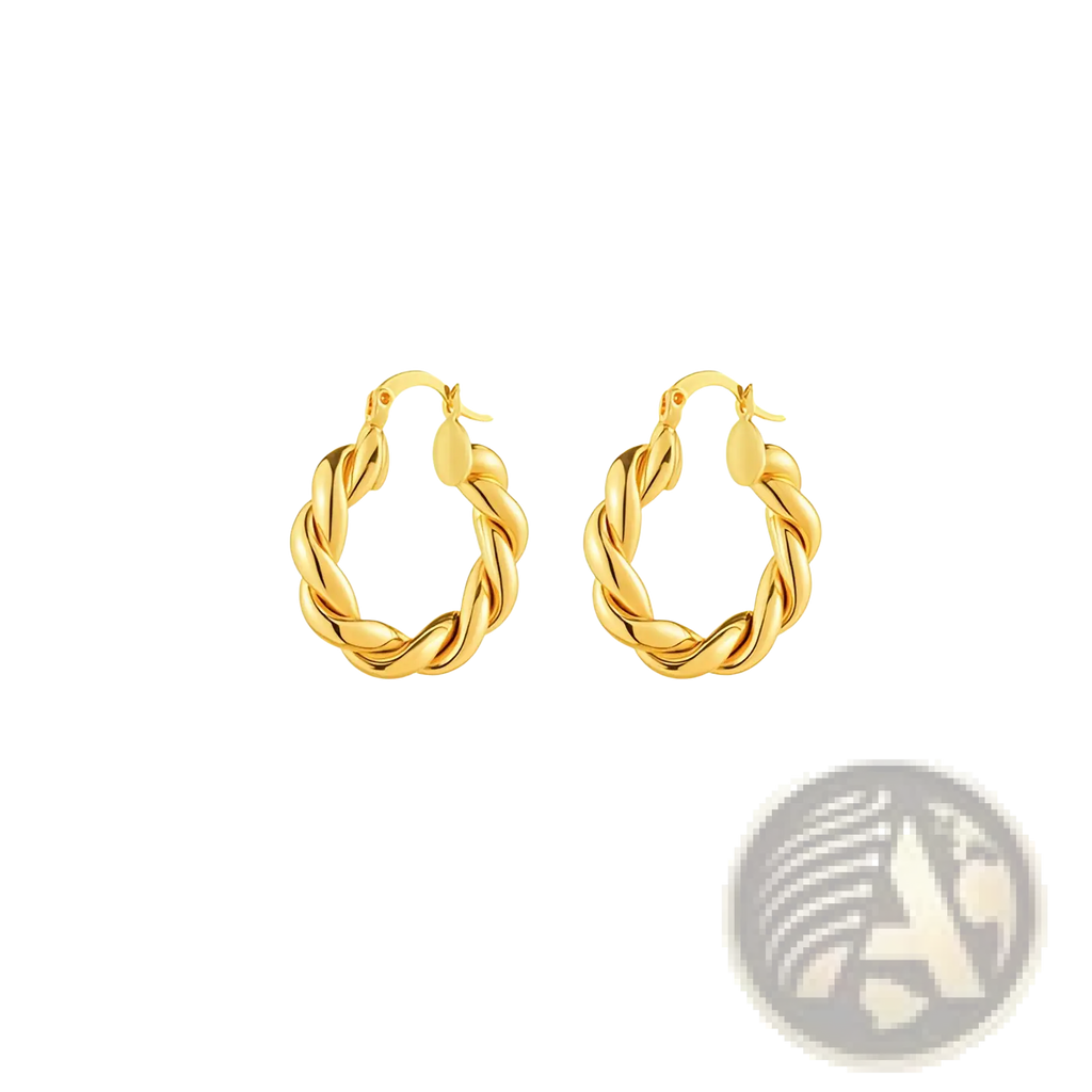 Polished gold twisted rope hoop earrings with a metallic finish showcasing the front design