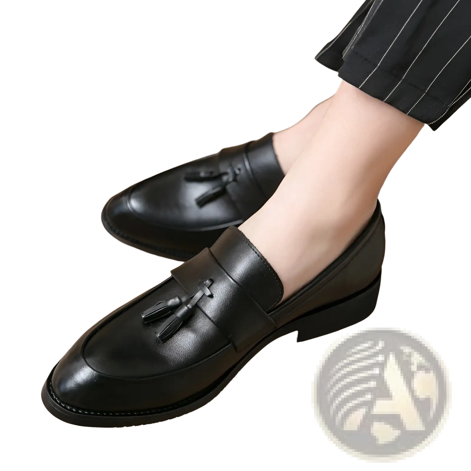 Black leather tassel loafers for men with polished finish and low heel perfect for formal occasions