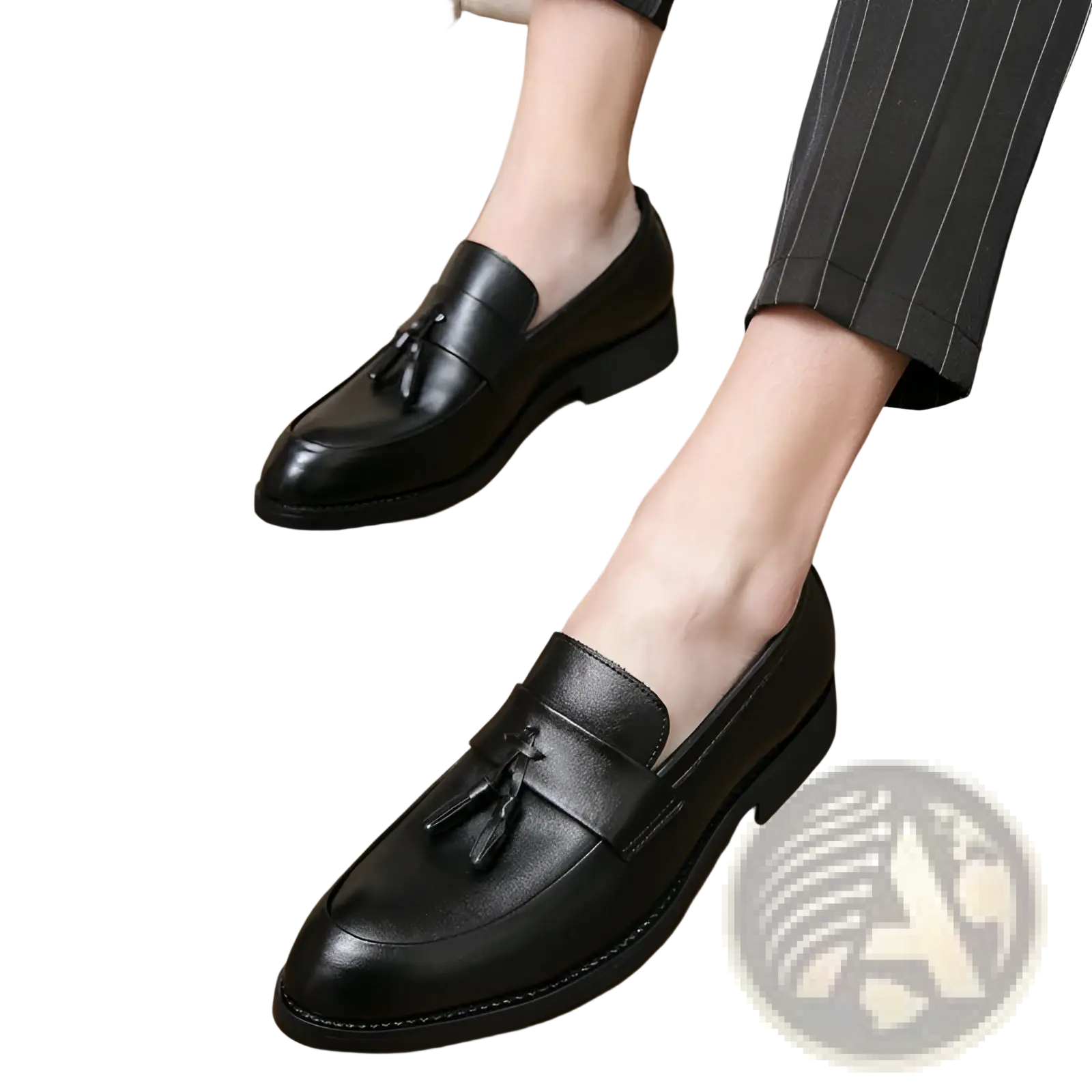 Black leather tassel loafers for men with a polished finish and classic design