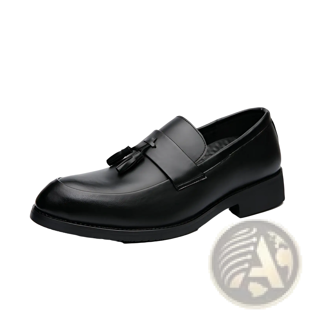 Polished leather tassel loafers for men featuring black leather with a polished finish and low heel