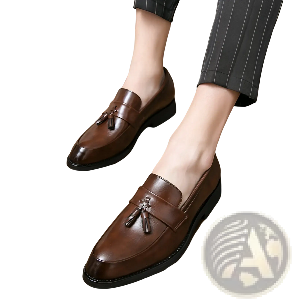 Polished leather tassel loafers for men in brown with a polished finish and black rubber soles