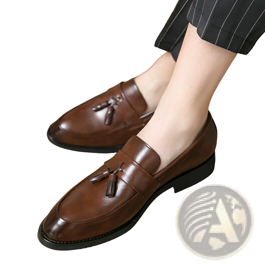 Polished leather tassel loafers for men in brown with a polished finish and black rubber soles