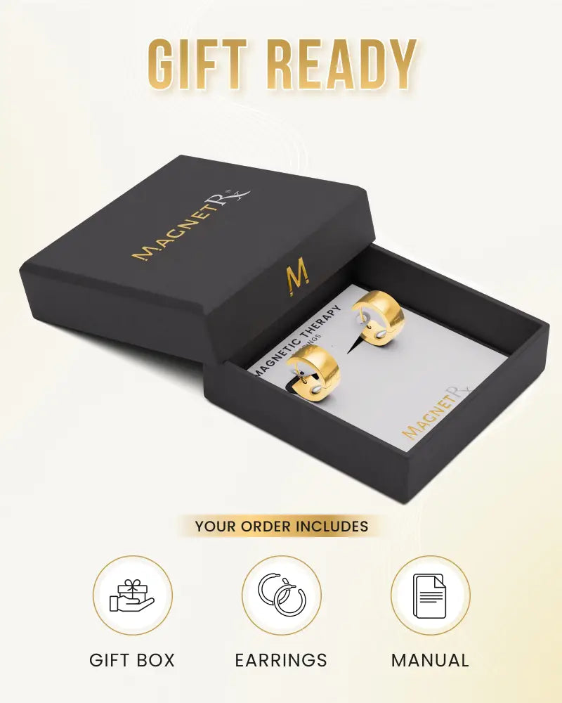 Polished gold magnetic rectangular hoop earrings in a sleek black gift box showcasing gold-toned magnetic therapy hoops
