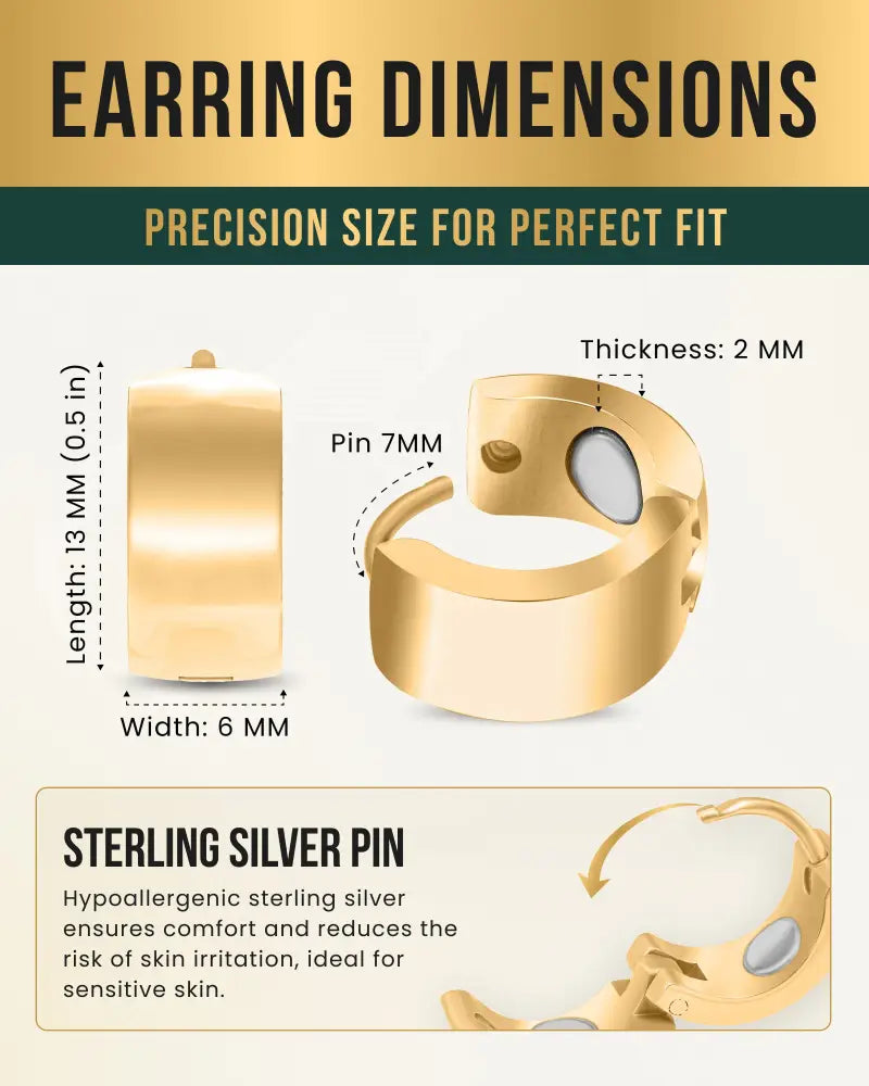 Polished gold magnetic rectangular hoop earrings in sleek hypoallergenic sterling silver with 13mm length and 6mm width